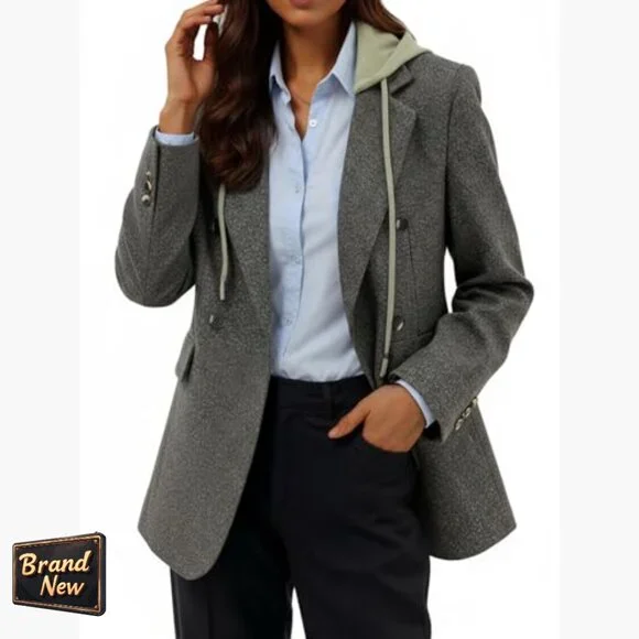 Oversized Hooded Blazer Jacket, Wool Blend, Double-Breasted, Work Office